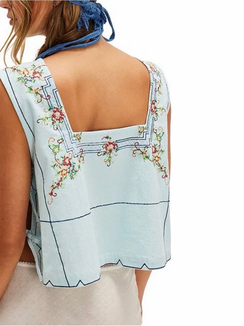 Free People Light Blue Embroidered Square-Neck Tie-Side Tank - Picture 3 of 10